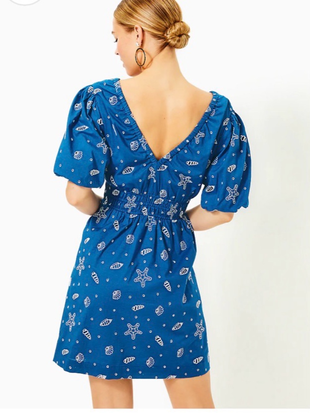 Lilly Pulitzer Kilynn Royal Blue Seashell Puff-Sleeve Cotton Mini Dress - Picture 2 of 8